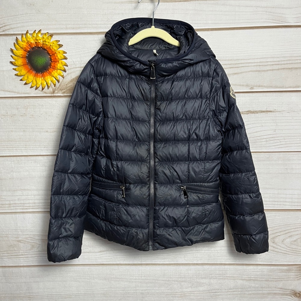Moncler Kids Girls Navy Longue Saison Down Puffer Jacket Hood 10